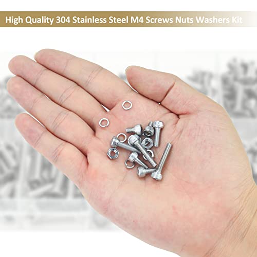 382 Pieces M4 x 5/6 /8/10 /12/16 /20mm Hex Socket Head Cap Screws Nuts Washers Assortment Kit, 304 Stainless Steel, Fully Machine Thread - size: M4, style: Socket Head
