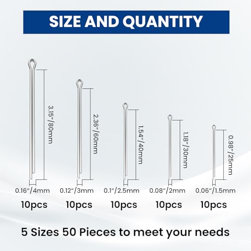50 Pcs Cotter Pin Assortment Kit Stainless Steel Small Hardware