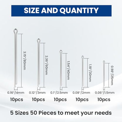 50 Pcs Cotter Pin Assortment Kit Stainless Steel Small Hardware