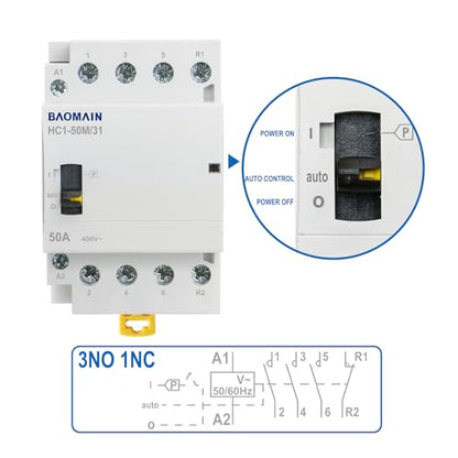 BAOMAIN 110V 4-Pole 50A Manual/Auto AC Contactor,3NO1NC,DIN Rail Mount