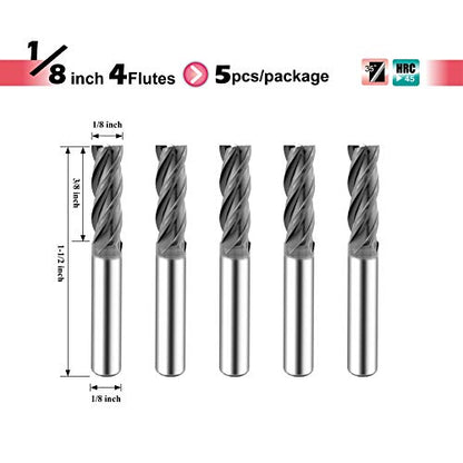 SPEED TIGER ISE Carbide End Mill 1/8” – 4 Flute, Square Nose, AlTiBN Coated, CNC Router Bit for Hardened Steel, Alloy Steel, Stainless Steel – Made in Taiwan, 5-Pack - size: 1/8 in