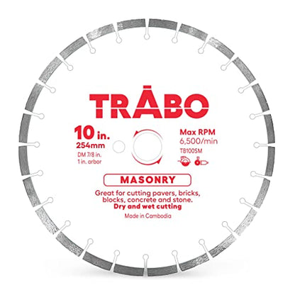 Trabo 10 Inch Masonry Segmented Rim Diamond Bond Blade for Cutting Cement, Pavers, Concrete with Rebar, Natural Stone and More, with 1 Inch Arbor with 7/8 Inch Reducer Ring - size: 10 Inch