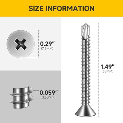 Mywish (200Pcs) #8 x 1-1/2" Self Tapping Screws, Stainless Steel Flat Head Sheet Metal Screws, Tek Self Drilling Mouting Screw for Metal Plastic Fast Tapping - size: #8 x 1-1/2"