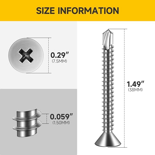 Mywish (200Pcs) #8 x 1-1/2" Self Tapping Screws, Stainless Steel Flat Head Sheet Metal Screws, Tek Self Drilling Mouting Screw for Metal Plastic Fast Tapping - size: #8 x 1-1/2"