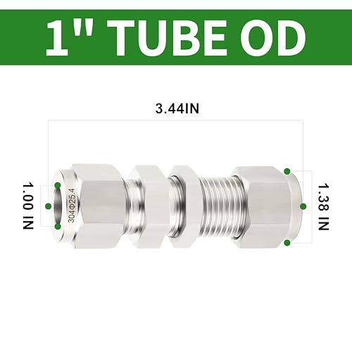 1PCS 304 Stainless Steel Thru-Bulk Bulkhead Compression Tube Pipe Fitting Connector, 1" Tube OD x 1" Tube OD Straight Adapter, for fuel/air/liquid/oil/gas - size: 1" Tube OD