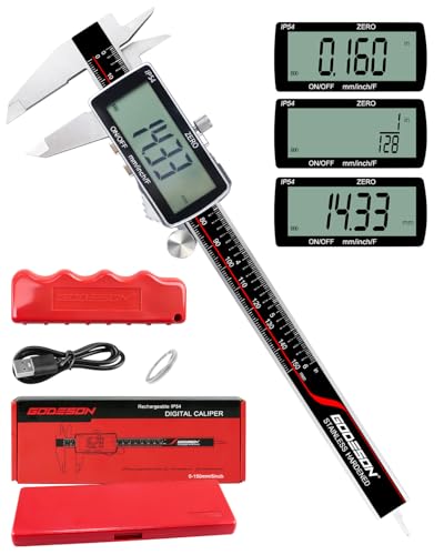 Digital Caliper, 6 Inch Rechargeable & Power Indicator Caliper Measuring Tool - 0.01mm Accuracy, Large LCD Vernier Calipers - IP54 & Full Stainless Steel, MM/Inch/F for Wood Working, DIY，3D - size: 6"-USB‑C