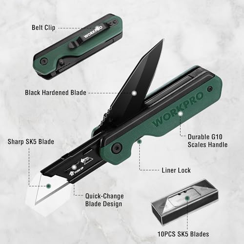 WORKPRO 2-in-1 Folding Knife/Utility Knife, Quick-Change Box Cutter with Belt Clip, Liner Lock, and G10 Handle, Extra 10 SK5 Blades Included, Green - color: Green G10