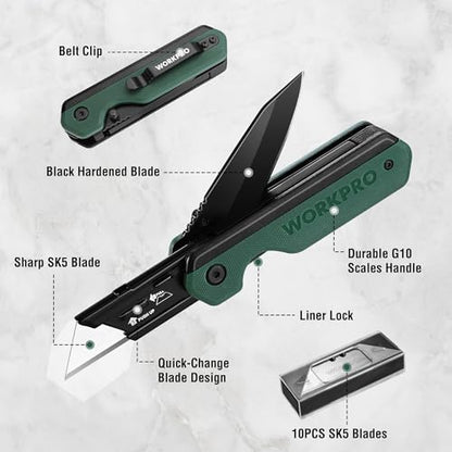 WORKPRO 2-in-1 Folding Knife/Utility Knife, Quick-Change Box Cutter with Belt Clip, Liner Lock, and G10 Handle, Extra 10 SK5 Blades Included, Green - color: Green G10