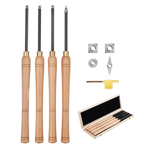 VEVOR Wood Lathe Turning Tool Set, 4PCS, Lathe Roughing Finishing and Detailing Hollow Tool with Wooden Handle, Diamond Round Square Carbide Inserts, Wooden Box, for Beginners Hobbyists Professionals - size: 19 in