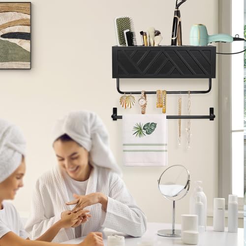 Hair Tool Organizer Wall Mount With 2 Towel Bars, Wood Hot Tools Holder, Rustic Bathroom Blow Dryer Holder For Decor, Flat Iron, Curling Wand, Brushes (Black) - color: Black-2 Towel Bars