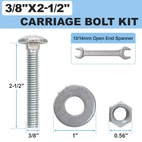 3/8" x 2-1/2" Carriage Bolt Kit 50 Pack, Grade 307A, Hot Dip Galvanized Carriage Bolt Set, Rust Resistance, Includes Hex Nuts & Flat Washers - size: 3/8 x 2-1/2