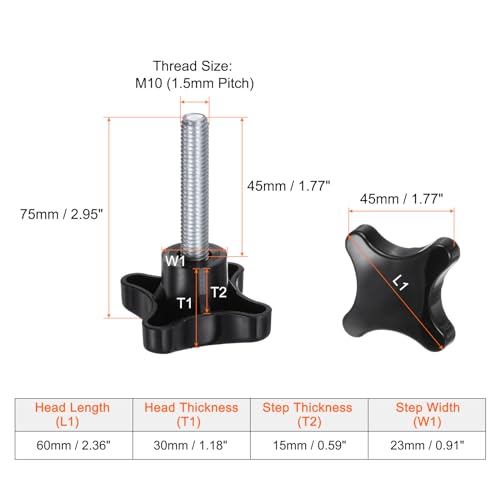 HARFINGTON 2pcs Star Knobs M10 x 45mm Male Thread Plastic 4-Star Stud Knob Hand Tightening Clamping Screw Replacement Threaded Handle, Black - size: M10 x 45mm