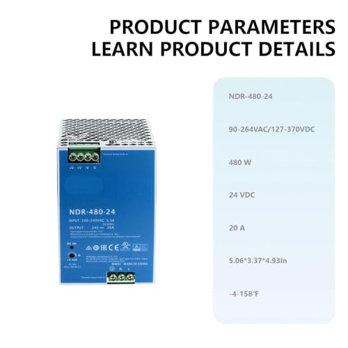 NDR-480-24 24V 20A 480W DIN Rail Industrial Power Supply with Active PFC, 90-264VAC Input, Short Circuit/Overload Protection for Automation Systems