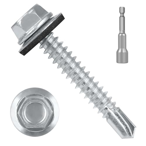 #10 x 1-1/2" (200 PCS) Metal Roofing Screws with Rubber Washer, Hex Head Self Tapping Screws for Metal, Self Drilling Sheet Metal Screw, Hex Bit Socket Included - size: #10 x 1-1/2"