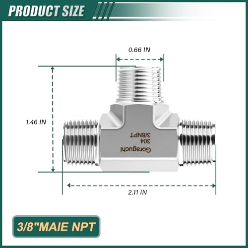 1PCS 304 Stainless Steel Square Tee Pipe Fittings, 3/8" NPT Male Pipe Fittings, for Fuel/Air/Water/Gas/Oil - color: Tee（M/M/M）, size: 3/8"NPT