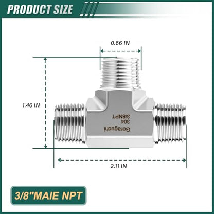1PCS 304 Stainless Steel Square Tee Pipe Fittings, 3/8" NPT Male Pipe Fittings, for Fuel/Air/Water/Gas/Oil - color: Tee（M/M/M）, size: 3/8"NPT