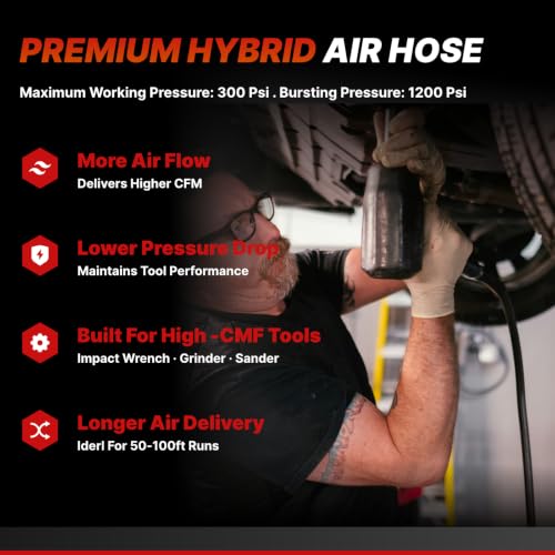 3/8" Hybrid Air Hose 150ft,1/4"MNPT Fittings,Heavy Duty Air Compressor Hose,Non-Kinking, Lightweight, Flexible In Extreme Cold Weather, Excellent UV, Oil and Abrasion Resistant,300 PSI - size: 150FT