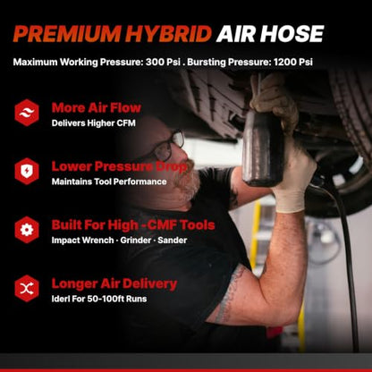 3/8" Hybrid Air Hose 150ft,1/4"MNPT Fittings,Heavy Duty Air Compressor Hose,Non-Kinking, Lightweight, Flexible In Extreme Cold Weather, Excellent UV, Oil and Abrasion Resistant,300 PSI - size: 150FT