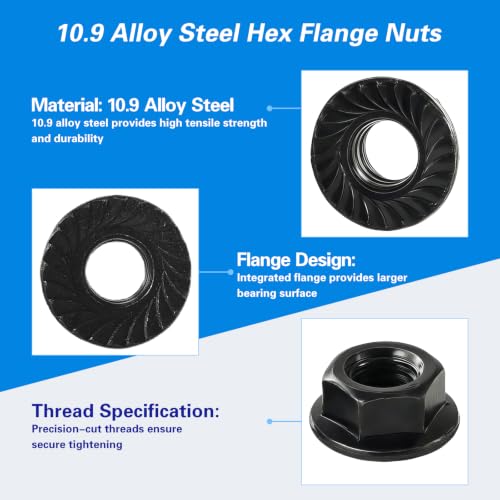 M10x1.5mm Metric Serrated Hex Flange Nuts, Grade 10.9 Alloy Steel, Heat Treated, Black Oxide Finish, 10PCS - color: Black, size: Black M10x 1.5mm
