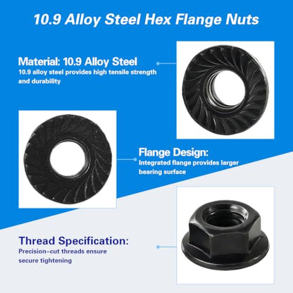 M8x1.25mm Metric Serrated Hex Flange Nuts, Grade 10.9 Alloy Steel, Heat Treated, Black Oxide Finish, 25PCS - color: Black, size: Black M8x 1.25mm