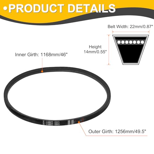 uxcell C46 Drive V-Belt 46 Inch (1168mm) Inner Circumference x 22mm Width x 14mm Height, Rubber V Belt for Power Transmission - size: C46