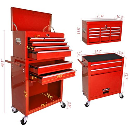 Red 8-Drawer Heavy Duty Tool Chest with Ball Bearing Drawers, Central Locking & 4 Wheels (2 Brakes) - Rolling Garage Storage Cabinet - color: Red, size: 24.2 x 13 x 42.8