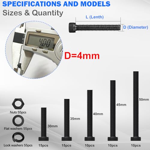 mxuteuk 220PCS M4 Screws Assortment Set,M4 x 30/35/40/45/50mm Hex Socket Head Cap Screws Bolts Nuts Kit,12.9 Grade Alloy Steel M4 Bolts with Hex Wrench - size: 220PCS M4 x 30/35/40/45/50mm