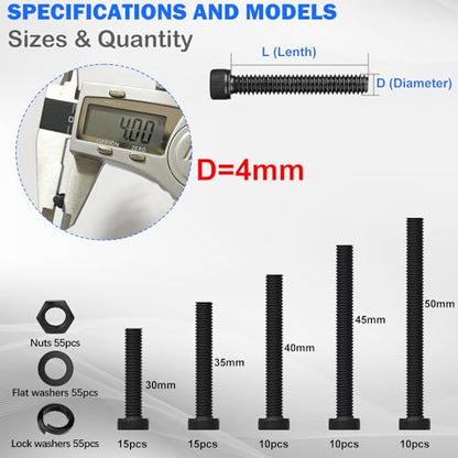 mxuteuk 220PCS M4 Screws Assortment Set,M4 x 30/35/40/45/50mm Hex Socket Head Cap Screws Bolts Nuts Kit,12.9 Grade Alloy Steel M4 Bolts with Hex Wrench - size: 220PCS M4 x 30/35/40/45/50mm