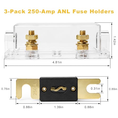 3 PCS 250A ANL Fuse Holder with Fuses, 0/2/4 Gauge AWG Fuses & Holder Block with Screws, Waterproof ANL Fuse Transparent Box Set Universal for Car Audio System - color: 250A