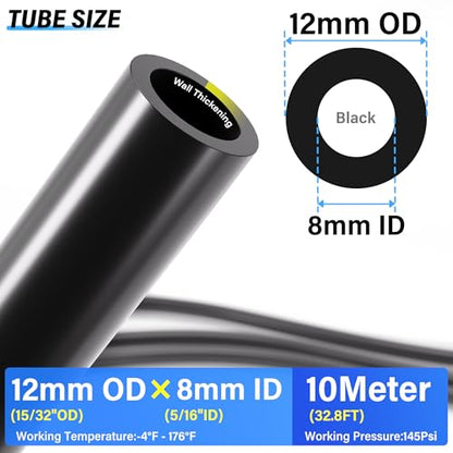 TAILONZ PNEUMATIC Black 12MM Inch OD 10 Meter 32.8ft PU Polyurethane Air Tubing Kit Pipe Hose Air Line Tubing Air Hose Fittings Push to Connect Fittings(31PCS) - color: Black, size: 15/32" OD - 32.8 FT