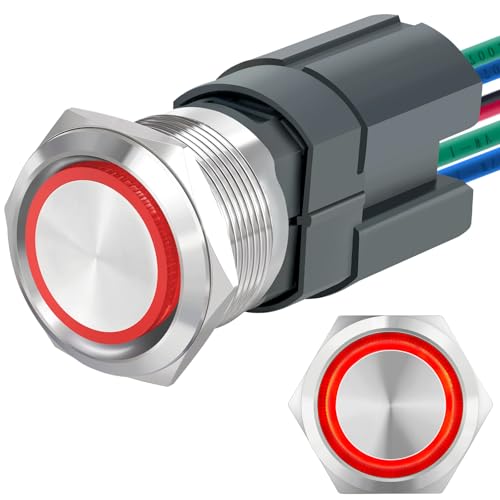 UL Listed 15Amp 22mm Latching Push Button Switch, IP67 Waterproof, DPST 2NO, Stainless Steel 304, On Off Switch with Wire Socket, 24V Red LED. - color: Red, size: Latching 24V