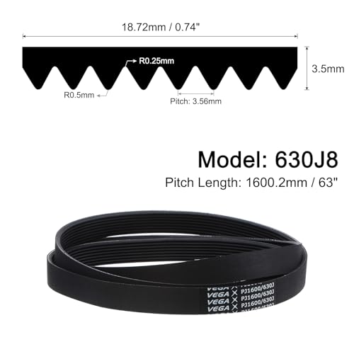 uxcell 630J8 PJ V-Ribbed Belt 8 Ribs 63" Length x 0.74" Width x 0.14" Thick, EPDM Poly V Belt, Industrial Transmission Serpentine Belt - size: 630J8