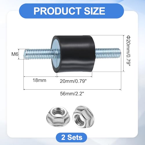 uxcell 2Pcs M6 x 18mm Rubber Mounts, 20 x 20mm Cylindrical Anti Vibration Isolator Studs Shock Absorber Double Studs with Nuts for Car Bobbin Generator Air Compressors - size: M6 x 18mm, 20 x 20mm