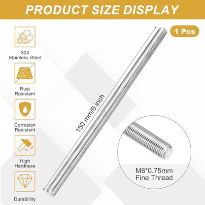 uxcell Fully Threaded Rod M8 x 0.75mm Pitch 150mm/6 inch Threaded - size: M8x0.75mmx150mm