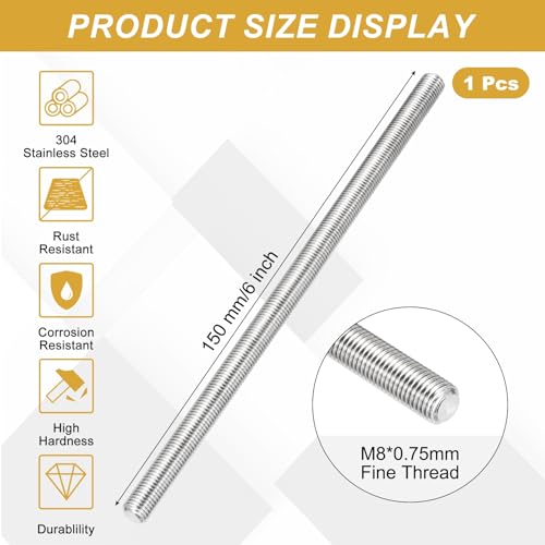 uxcell Fully Threaded Rod M8 x 0.75mm Pitch 150mm/6 inch Threaded - size: M8x0.75mmx150mm