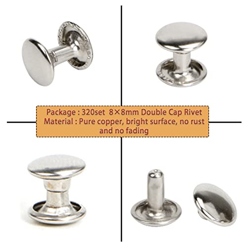 320-Pack 8mm Silver Stainless Steel Double Cap Leather Rivets - size: 8mm