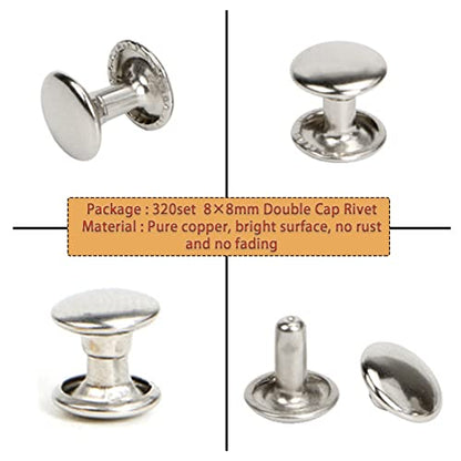 320-Pack 8mm Silver Stainless Steel Double Cap Leather Rivets - size: 8mm