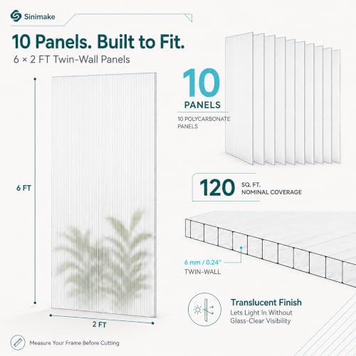Sinimaka 10-Pack Polycarbonate Greenhouse Panels, 6 x 2 ft, 0.24 in 6mm Twin-Wall Sheets, UV-Coated Translucent Roof Replacement for Greenhouses and Cold Frames - size: 6' x 2' x 0.24''