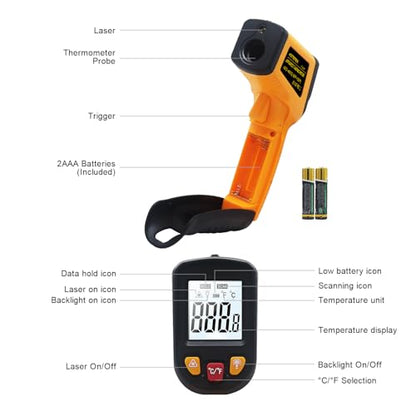 Ketotek Digital Infrared Thermometer Temperature Gun -58°F to 1112 °F(-50°C to 600°C) Handheld Non Contact IR Laser Thermometer KT600Y for Cooking Meat Refrigerator Pool Pizza Oven BBQ Food - color: Orange