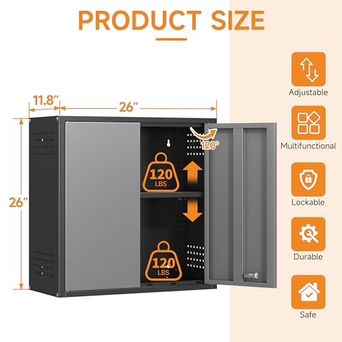 Metal Garage Wall Cabinet with 2 Doors and 1 Adjustable Shelf,Lockable Floating Tool Cabinet with Pegboard,Steel Storage Cabinet for Kitchen,Office,Garage,Laundry,Warehouse(Black&Gray, 26"H) - color: Black&gray, size: 26"H Wall Cabinet(2-Door)