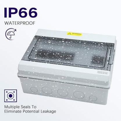 12 Way Distribution Protection Box,ABS/PC Alloy Plastic Transparent Cover Circuit Breaker Box IP66 Waterproof Distribution Box with DIN Rail and Waterproof Connector, White, 12WAY-BOX - size: HS-12