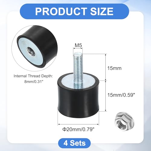 uxcell M5 Rubber Mounts, 4Pcs 20x15mm(DxH) Rubber Cylindrical Anti Vibration Isolator Shock Absorber with Lock Nut for Car Bobbin Generator Air Compressors - size: M5x15mm, 20x15mm Rubber