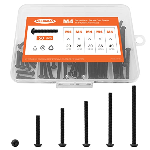 M4 x 20mm 25mm 30mm 35mm 40mm Button Head Socket Cap Screws Bolts, 10.9 Grade Alloy Steel Metric, Black Oxide Finish, Allen Hex Drive, Machine Fully Threaded, Assortment Kit 50PCS - size: M4 x 20/25/30/35/40mm (50PCS)