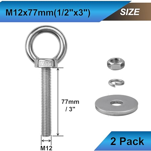 2 Sets M12 Eye Bolts with Nuts, Stainless Steel 1/2" x 3" EyeBolts - size: 1/2"x3"