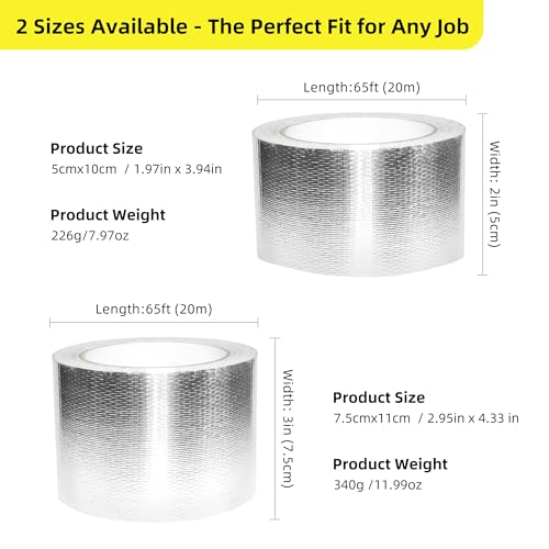3 Inch x 65 Ft Fiberglass Reinforced Aluminum Foil Tape, 6 Mil Heavy Duty Heat Resistant to 500°F Waterproof for HVAC Ducts, Dryer Vents, Furnace Connections, Exhaust & Pipe Insulation - size: 3 Inch