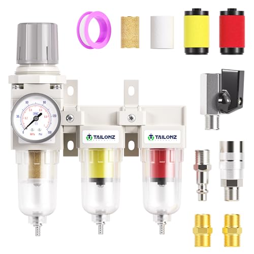 TAILONZ PNEUMATIC 0-150PSI 1/4 Inch NPT Grade 3 Stage Air Drying System, Particulate Filter, Air Filter Pressure Regulator Combo Piggyback, Air Tool Compressor Filter with Gauge (Semi-Auto Drainage） - size: 1/4 Inch NPT