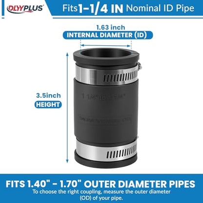 2 Pcs 1-1/4 IN Flexible PVC Pipe Coupling with Stainless Steel Clamps Fit 1-1/4 IN Nominal Pipes, Couplers for Plastic and Copper Pipe Plumbing Connections, Drain Repair, Dust Hose - size: 1-1/4 in
