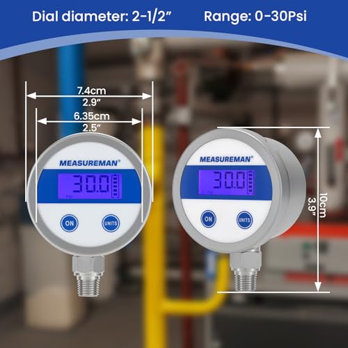 MEASUREMAN Economy Digital Pressure Gauge 2.5" Blue Backlit LCD, 0-30 PSI All Stainless Steel Case 1/4" NPT Connection 1% Accuracy - size: 0-30psi
