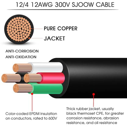 25ft SJOOW 12/4 Wire 12/4 SJOOW Cord 12 Gauge 4 Conductor Wire SJOOW Cable - size: 25 FT, style: 12AWG(4-Conductor)