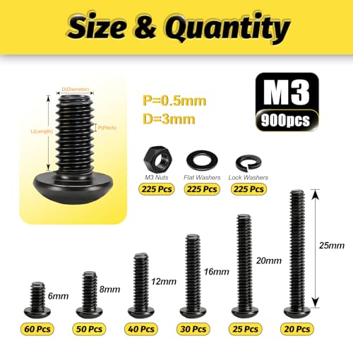 KADRICK 900Pcs M3 Screw Kit,Hex Socket Button Head M3 Bolts Length 6mm-25mm - size: M3 900Pcs 6-25mm